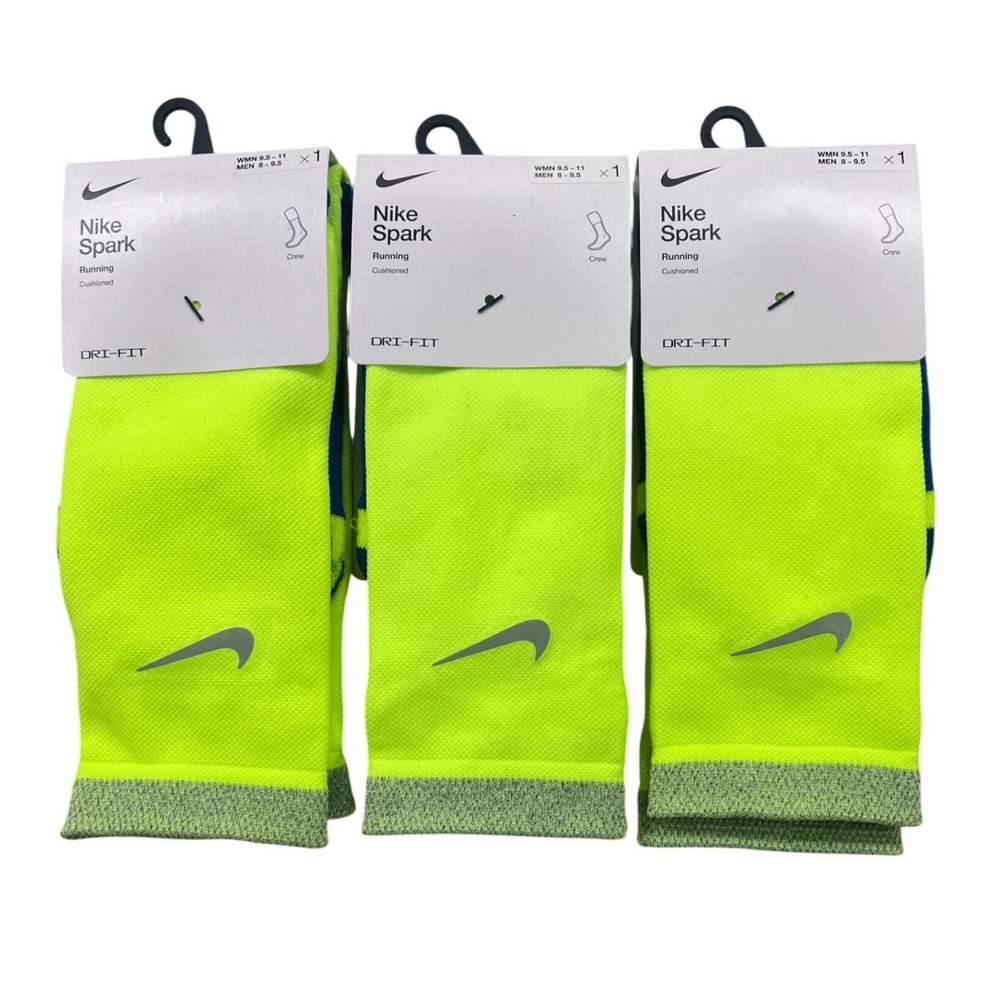 3 Nike Spark Running Crew‎ Socks Volt Yellow Dri-FIT Cushioned M 8-9.5 W 9.5-11